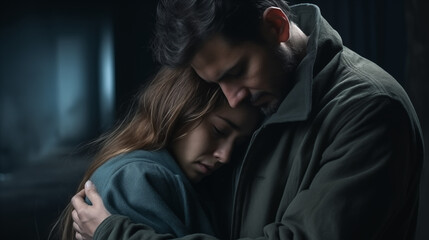 ad Couple Embracing, Comforting Each other in Difficult Times. Family Overcoming Difficulties Together, Tender Moment. Atmosphere of Sadness and Tragedy. Moment of Human Drama