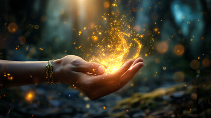 magic spell in hand with sparkle of light mystical - obrazy, fototapety, plakaty