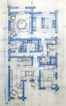 Generative AI, Blue print floor plan, architectural background, technical draw, vertical format	
