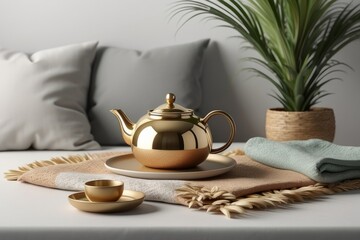 Fototapeta na wymiar Modern minimal home interior design. Pillows, golden teapot, decorative straw plates, Scandinavian blanket, tropical palm tree, succulent and decorations