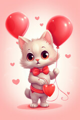 Valentine card with cute kitten. Funny illustration for Valentine's Day with hearts and flowers