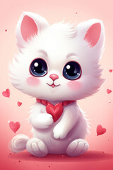 Fototapeta premium Valentine card with cute kitten. Funny illustration for Valentine's Day with hearts and flowers