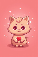 Valentine card with cute kitten. Funny illustration for Valentine's Day with hearts and flowers