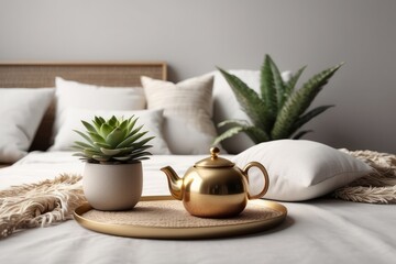Obraz na płótnie Canvas Modern minimal home interior design. Pillows, golden teapot, decorative straw plates, Scandinavian blanket, tropical palm tree, succulent and decorations