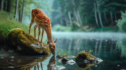 A deer drinks water from a river in the forest - obrazy, fototapety, plakaty