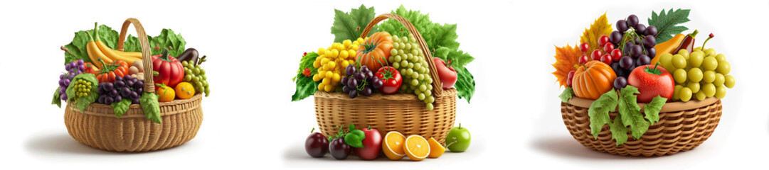 Collection of basket with fresh fruits and vegetables. Generative ai.