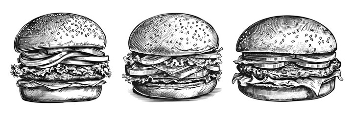 Collection of big burher hamburger hand drawn. Generative ai.