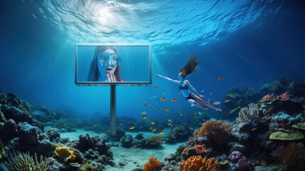 Underwater scene with female diver swimming towards billboard featuring her shocked face. Scuba diving school advertisement for beginner to advanced diving courses. Exploration of marine life - obrazy, fototapety, plakaty
