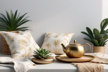 Modern minimal home interior design. Pillows, golden teapot, decorative straw plates, Scandinavian blanket, tropical palm tree, succulent and decorations