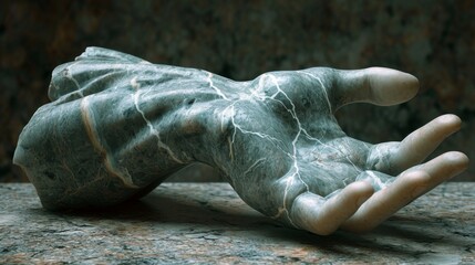 Hand sculpture. Large marble art object in the shape of a human hand. - obrazy, fototapety, plakaty