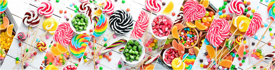 Photo collage. Colorful candies, jelly and marmalade on a white background. Photo banner for a food...