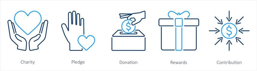 A set of 5 Crowdfunding icons as charity, pledge, donation