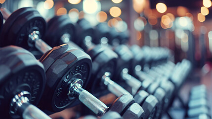 Gym Atmosphere: Close-up of Dumbbells in a Bustling Gym Setting - obrazy, fototapety, plakaty