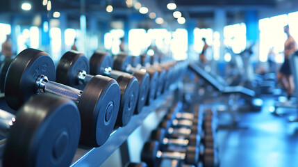 Gym Energy: People Training, Dumbbells in the Foreground - obrazy, fototapety, plakaty