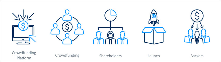 A set of 5 Crowdfunding icons as crowdfunding platform, crowdfunding, shareholders