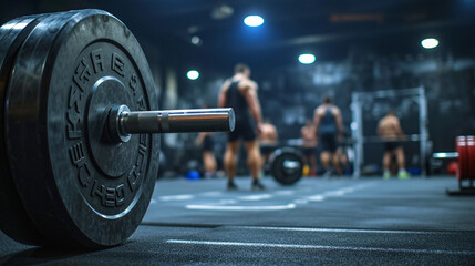 Gym Atmosphere: Close-up of Dumbbells in a Bustling Gym Setting - obrazy, fototapety, plakaty
