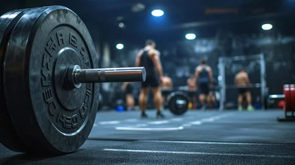 Foto op Plexiglas Gym Atmosphere: Close-up of Dumbbells in a Bustling Gym Setting © leestat