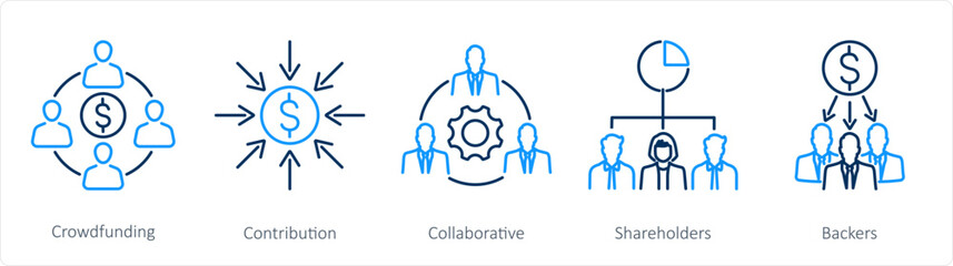 A set of 5 Crowdfunding icons as crowdfunding, contribution, collaborative