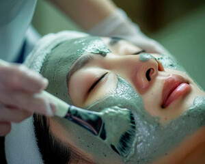 Professional esthetician applying a refreshing clay mask to a asian woman in her cleanse facial treatment