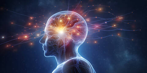 Mindset intuition Human head with glowing neurons Nature beauty reflected tranquil water scene blue background