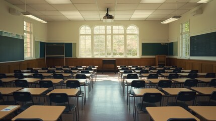 Empty classroom with rows of desks and chairs