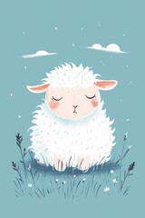 A charming illustration of a fluffy lamb in a grassy meadow.