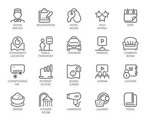 Set of 20 line icons of room service. Contour labels for hotel inn, hostels, apartment, condominium booking sites and apps. Pictograms isolated. Vector outline illustration.