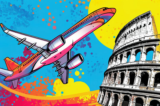 Travel Italy Europe - Pop art plane and Colosseum in Rome, cartoon comic illustration cool funky colorful
