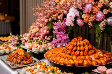 Elegant buffet table at a banquet with variety of gourmet food, floral decorations, and luxury appetizers.