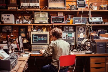 An engineer surrounded by vintage tech gadgets and equipment, working on a repair or project in a crowded workshop.