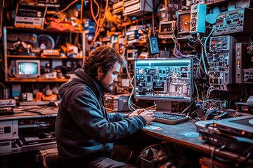 A man in a hoodie is focused on repairing electronic circuits in a high-tech workshop full of equipment.