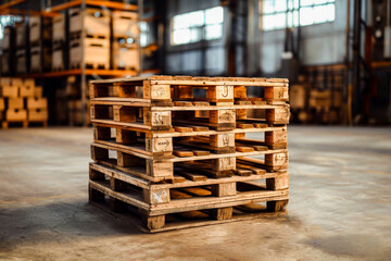 A stack of wooden pallets in a warehouse, ready for logistics and transportation in industrial storage.
