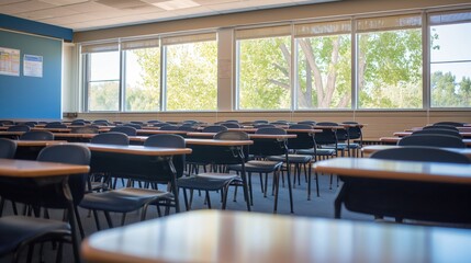 Empty classroom with rows of desks and chairs - obrazy, fototapety, plakaty