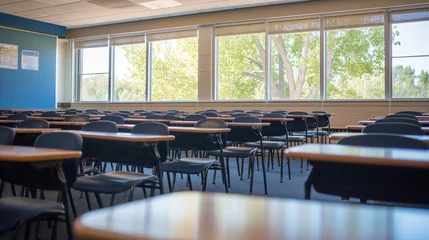 Foto op Canvas Empty classroom with rows of desks and chairs © cherezoff