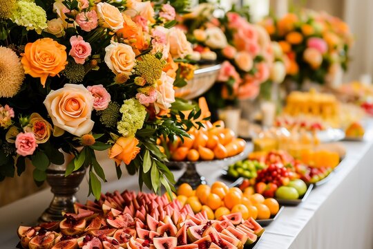 Elegant flower arrangements and a vibrant fruit platter displayed on a wedding reception banquet table.
