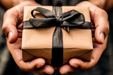 Close-up of hands holding a gift box wrapped in brown paper with a black ribbon, concept of giving and celebration.