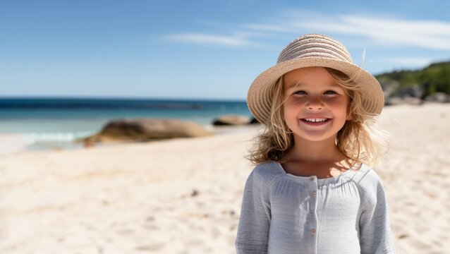 Beautiful cute smiling little girl, wearing a hat close-up, sunny day on the beach