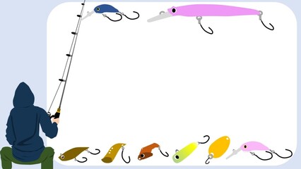 アウトドアな服装をした女性が釣りをしているフレームイラスト