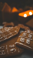 Macro Close-Up of Royal Icing Decoration on Gingerbread House, Traditional December Festivities