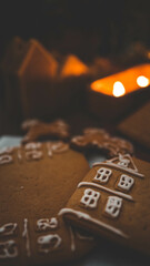 Macro Close-Up of Royal Icing Decoration on Gingerbread House, Traditional December Festivities