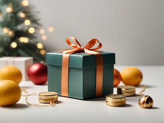 Green gift box with orange ribbon 