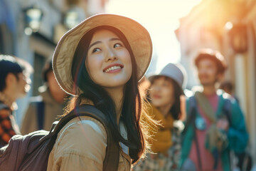 Fototapeta na wymiar Portrait of a happy Asian young woman tourist, selective focus