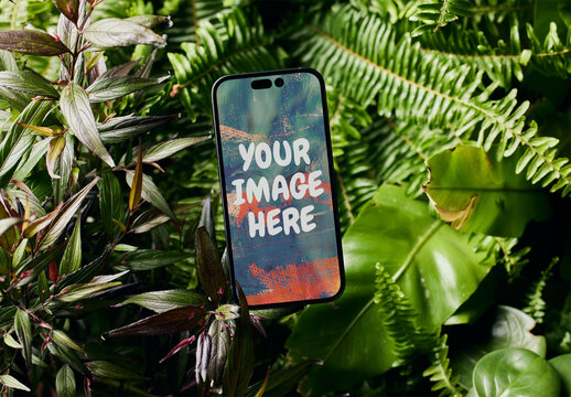 Mockup of cell phone with customizable screen in plants
