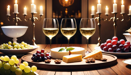 Cozy wine tasting setting glasses of white wine, cheese, and grapes. A warm and inviting atmosphere for a relaxed evening or wine tasting.