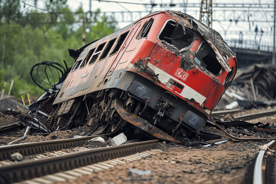 German train derailed, selective focus