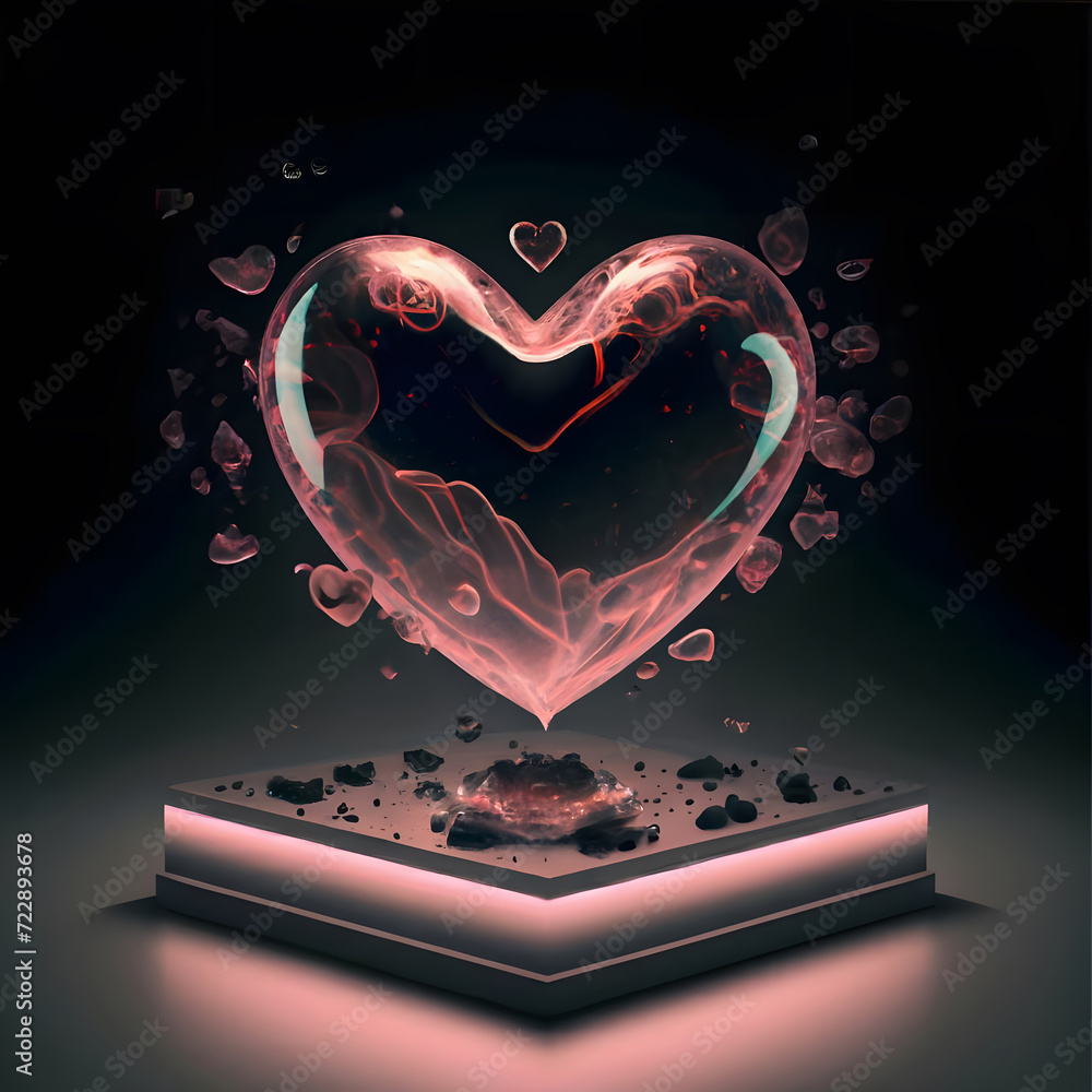 Poster hologram of a pink heart floating without touching the base. ai generated