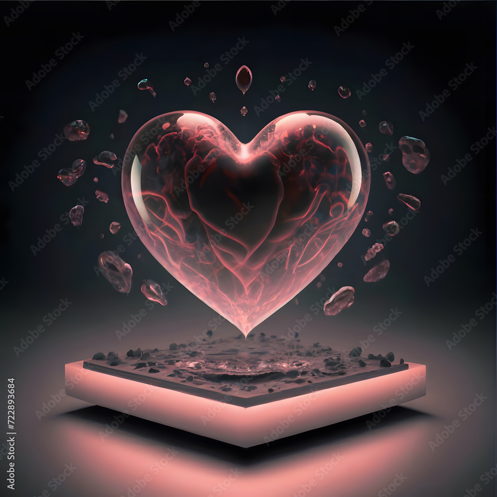 Poster hologram of a pink heart floating without touching the base. ai generated
