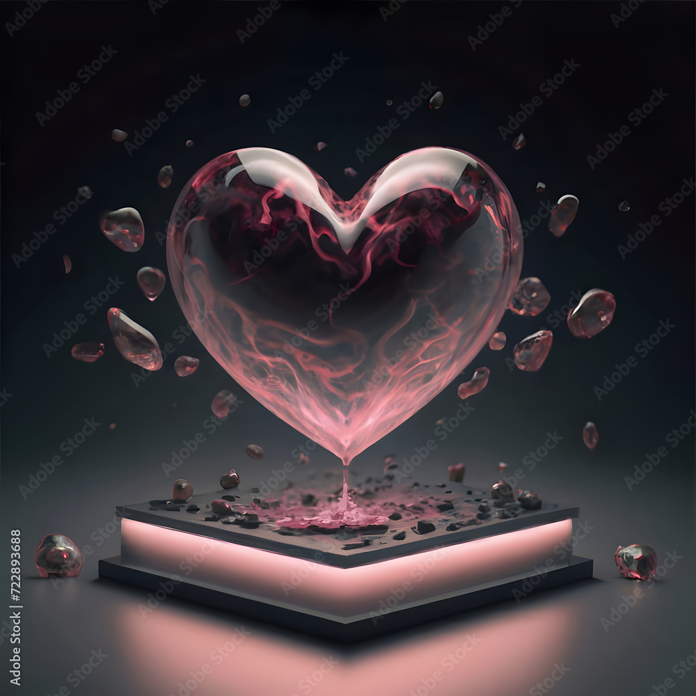 Poster hologram of a pink heart floating without touching the base. ai generated