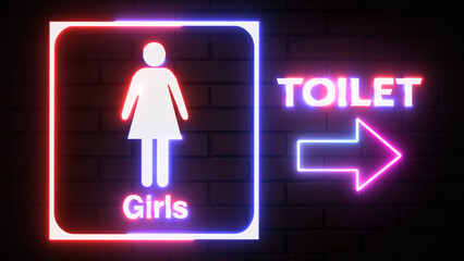Girls toilet signs in neon lights. Glowing white WC toilet neon sign with Male ad Female icon on bricks wall background. In and out sign.