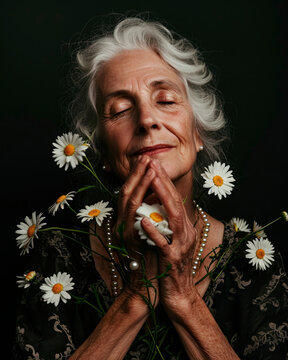 Sophisticated senior woman with maturity facial expresion and blossom spring flowers bouquet